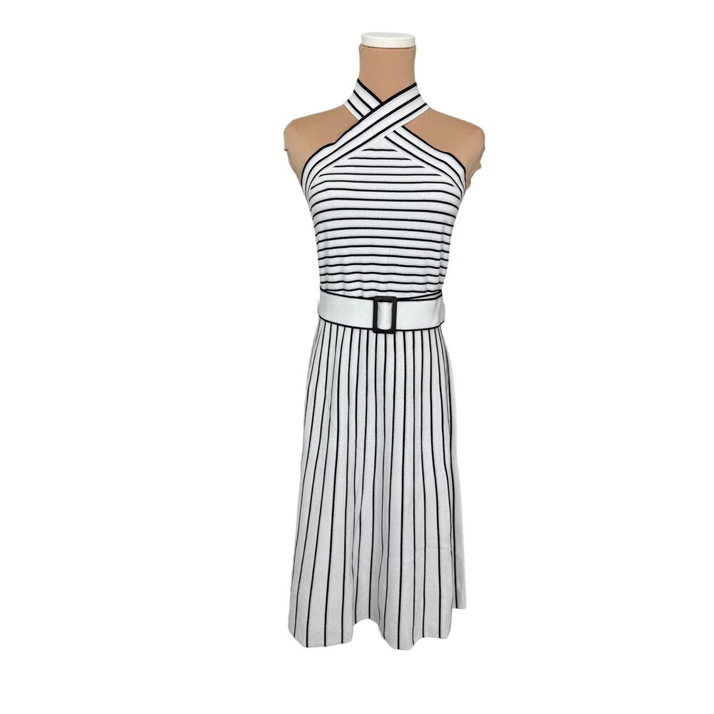 NWT Ann Taylor Black and White with silver stripes. Strapless Dress M Petite